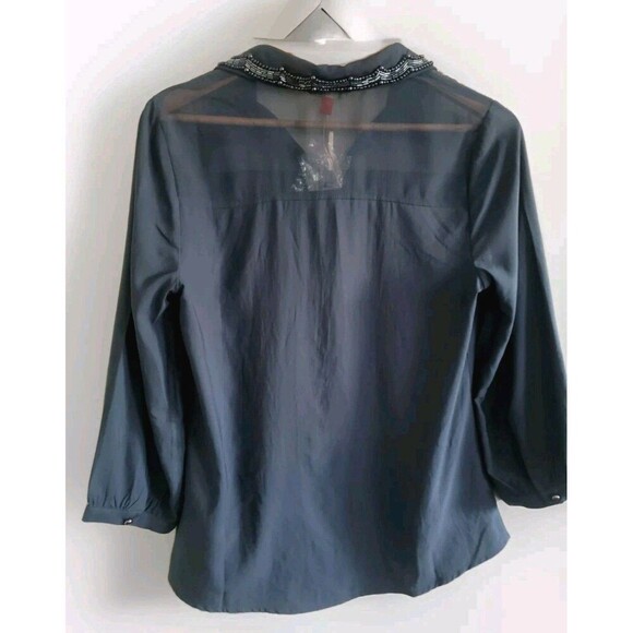 Modcloth Blouse Women's Medium Navy Blue Chiffon Beaded Collar Sheer Top NWT - Picture 6 of 12